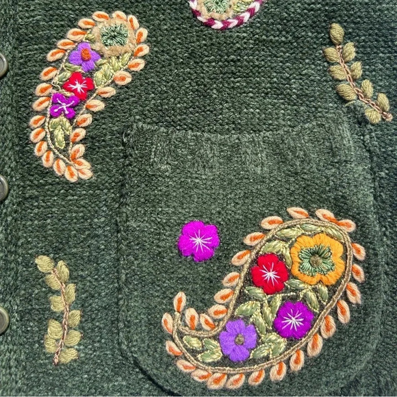 Vintage Rena Lange Cardigan Handmade Knit Embroidered Floral Paisley Fur Collar - Picture 8 of 16